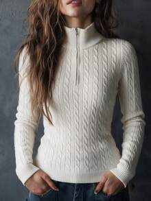 MORI Fall Winter French Chic Off White Half Zip High Neck Cable Knit Slim Sweater Pullover Tops Outerwear Women Work Streetwear Outfits - Off-white - View 6