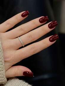 24pcs Burgundy Square Short Fake Nails, Deep Red Adhesive Realistic Manicure Suitable For Women, Natural Ultra-Short Style - Burgundy - View 2