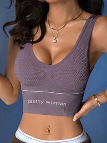 1pc Classic Sexy Removable Padding Knit Fabric Medium Support Sports Bra - Purple - View 6
