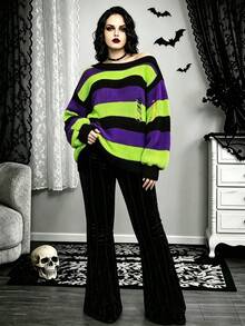 Plus Size Women's Colorblock Striped Distressed Knit Top, Asymmetric Neck, Lantern Sleeve, Y2K Gothic Punk, Suitable For Daily Wear, Halloween And Carnival Parties - Multicolor - View 5