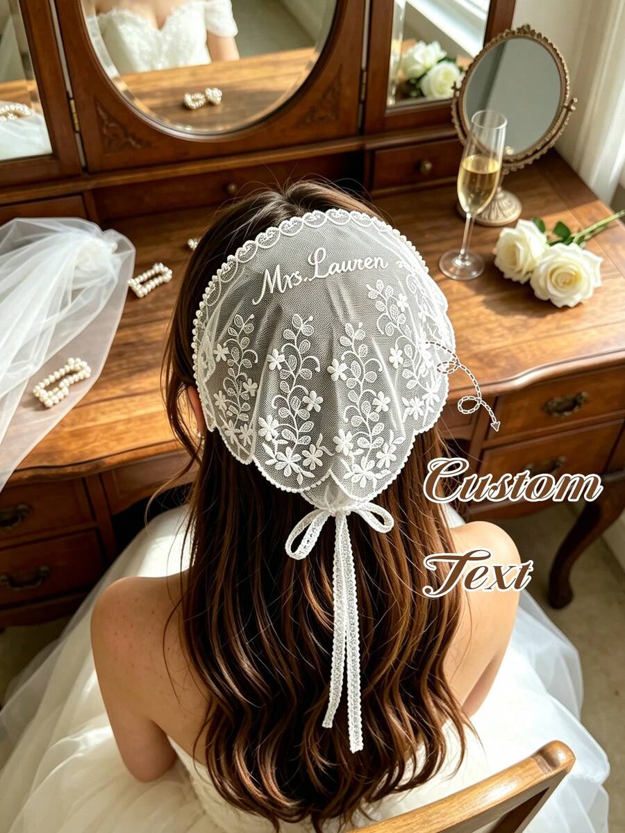 Personalized Lace Bridal Headscarf, Custom Embroidered Wedding Head Scarf, Bachelorette Party Favors, Bride Gift - Multicolor - View 1