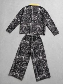 Lurzo Boys Y2K Casual Cardigan Set, Yellow Lapel Tree Pattern Camouflage Print Cardigan Jacket With Straight Leg Pants, Fashionable Outfit - Army Green - View 3