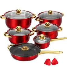 12PCS Cooking Pot Set, Induction Non Stick Cookware, Stainless Steel Cooking Pots And Pans With Lids, Red Kitchenware Set For Home Cooking - View 3
