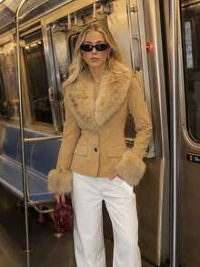 Autumn/Winter Lapel Long Sleeve Pocket Warm Faux Fur Coat - Khaki - View 4