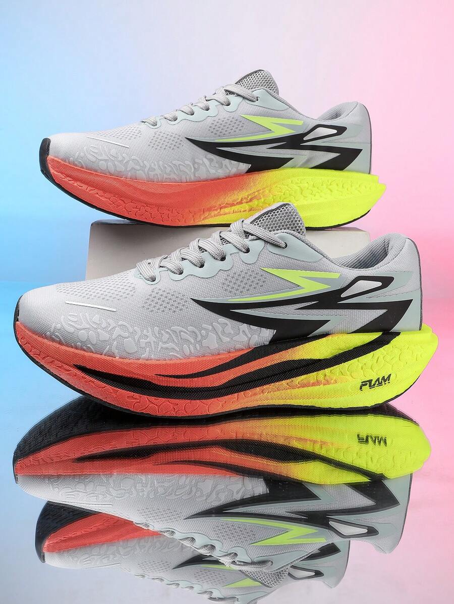 Men's Racing Marathon Running Shoes, Breathable Mesh Upper, Cushioned Soft Sole, Anti-Slip Wear-Resistant, Suitable For Fitness And Daily Wear - Grey - View 1