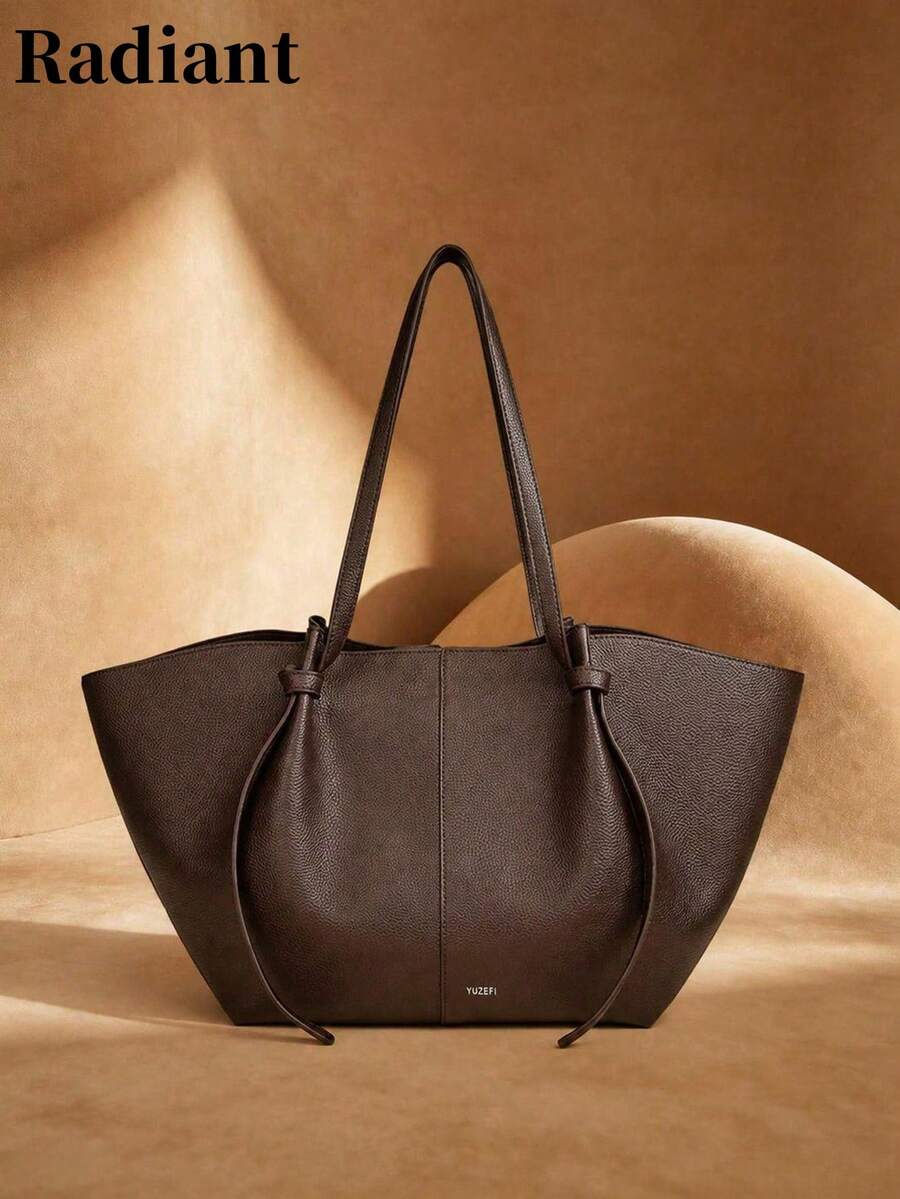 Large Capacity Dark Brown PU Tote Bag, No Extra Compartments, Neat Stitching, Solid Color, Suitable For Students' Daily Commute, Outings, Dates And Short Trips - Coffee - View 1