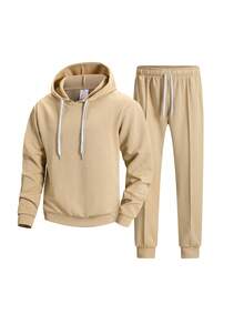Blueprint Man 2-Piece Men's Sweatshirt Set, Hooded Drawstring Sweatshirt Paired With Matching Fabric Joggers, 3D Diagonal Twill Jacquard Fabric With Rich Texture, Ribbed Cuffs For A Fitted Look, Minimalist Casual Style For Home, Daily Wear, And Commuting - Khaki - View 5