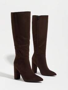 女款尖頭後拉鍊設計時尚高跟經典靴 - 咖啡棕 - 查看 5
