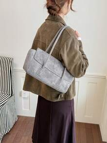 Vintage Baguette Underarm Bag For Women, Minimalist Flap Long Handle Tote Bag, Niche Premium Commuter Shoulder Bag - Grey - View 3