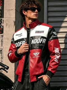 Men's Colorblock Racing Leather Jacket With Stand Collar, Zipper, Letter Print, Hip-Hop Street Style Motorcycle Riding Coat, Suitable For Spring And Autumn Wear - Red - View 3
