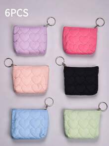 XD 12/6/3/1pc Quilted Coin Purse With Key Ring - Zippered Colorful Coin Bag, Heart Pattern Portable Wallet, Fashionable Kids Daily Storage Essential, Compact & Unique Accessory, Suitable For Valentine's Day/Halloween Holiday Gifts, Parties And Weddings - Multicolor - View 2