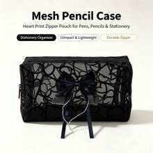 Black Mesh Multi-Purpose Storage Bag, Heart Pattern Makeup Bag With Elegant Bow Decoration, Lightweight Portable Zipper Storage Bag, Suitable For Travel, Toiletries, Small Accessories, Stationery, Makeup Brushes, Daily Practical Handheld Storage Bag Gift - Multicolor - View 11