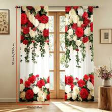 2pcs Elegant Red & White Rose Floral Print Curtains - Rod Pocket Design For Living Room, Bedroom,Wedding, Kitchen & Office Decor, Bohemian Style, Polyester Fabric(Rod Not Included),Good Transparency, 2D Flat Printing,90gsm - Multicolor - View 14