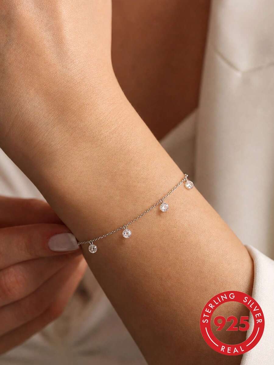 1pc S925 Sterling Silver Delicate Minimalist Luxury Gentle Rhinestone Pendant Bracelet For Women, Personalized Fashion Elegant Elegant Cool Aesthetic Ins Artistic Style Niche Jewelry, Daily Commute Date Outfit Romantic Atmosphere Sparkling Exquisite Wrist Accessory, Gift For Girlfriend Best Friend Holiday - Diamond - View 1