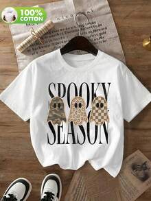 Women's Plus-Size Halloween Ghost-Print T-Shirt. Lightweight And Breathable With A Crew Neck, Perfect For Halloween Parties. - White - View 1