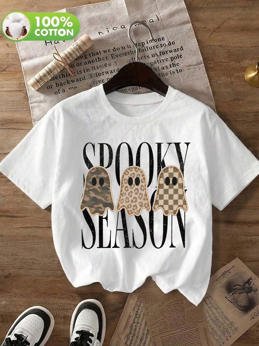 Women's Plus-Size Halloween Ghost-Print T-Shirt. Lightweight And Breathable With A Crew Neck, Perfect For Halloween Parties. - White - View 1