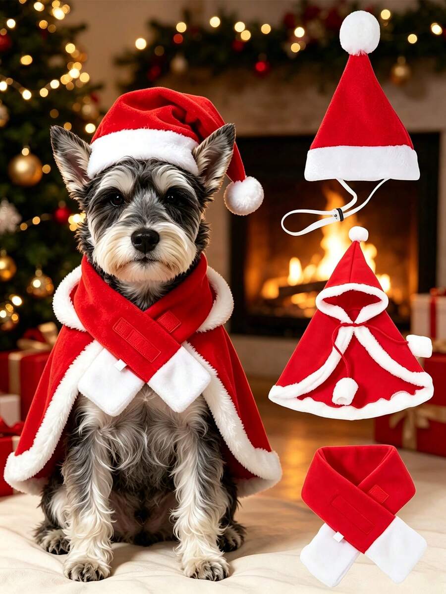 1 Set/3 Pieces Christmas Dog Costume Set, Pet Christmas Hat, Cape And Scarf, Soft Plush Holiday Outfit, Adjustable Christmas Accessories, Suitable For Small And Medium Dogs, Christmas Party Photo Props - Multicolor - View 1