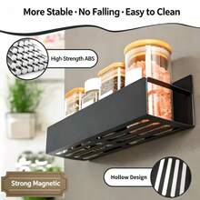 1/2pcs Magnetic Side Storage Rack Set, Suitable For Refrigerator And Washing Machine - No Drilling Required, Easy Installation, Fashionable Black Metal Texture, Wall-Mounted Spice Rack - Black - View 4