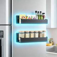 1/2pcs Magnetic Side Storage Rack Set, Suitable For Refrigerator And Washing Machine - No Drilling Required, Easy Installation, Fashionable Black Metal Texture, Wall-Mounted Spice Rack - Black - View 5
