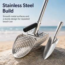Sand Scoop For Metal Detecting, Beach Sand Sifter With 3-Part Long Handle, 8mm Hex Mesh Holes, Hand Trowel Included For Underwater Treasure Hunting, Coin Recovery & Beach Searching - A - View 6