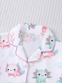Cute Western Hexagon Dinosaur Print Element Children's Pajamas, Long Sleeve Cardigan Button + Long Pants 2 Pieces Set, Soft Comfortable Breathable - White - View 3