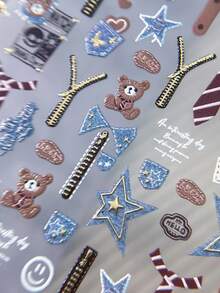 1pc 5D Full Nail Sticker Embossed Vintage Collegiate Style Bear Denim Star Bow Tie Zipper Badge Pattern Waterproof Self-Adhesive Nail Art Sticker Suitable For Back To School Season Daily Party DIY Manicure - Multicolor - View 5