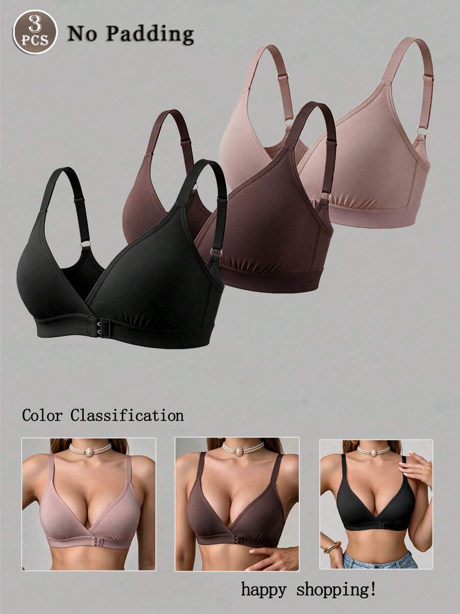 3pcs Wireless Non-Padded Comfortable Front Closure Women's Bra - Multicolor - View 1