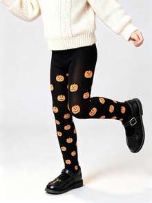 Halloween Pumpkin Print Cartoon Pattern Kids Tights, Cosplay Witch Accessory - Black - View 5