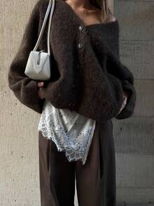 Autumn/Winter Retro Old Money Style Loose Women's Sweater Cardigan, V-Neck Button Front - Coffee Brown - View 2
