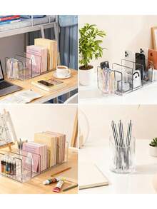 Transparent Acrylic PP Bookend Organizer, 4-Compartment Multi-Function Desktop Storage Rack With Pen Holder, Office Document Organizer, Stationery Bookshelf Divider, Suitable For Student Dorm Office Supplies - Multicolor - View 5