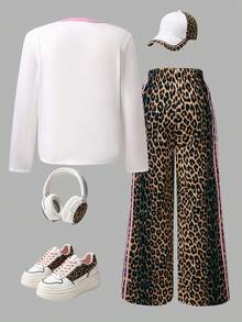 Girls' Leopard Print Letter Print Webbing Patchwork Long Sleeve Crew Neck T-Shirt And Elastic Waist Leopard Print Wide Leg Pants 2-Piece Set, Casual Sporty Outdoor Outfit For Spring And Autumn - White - View 2
