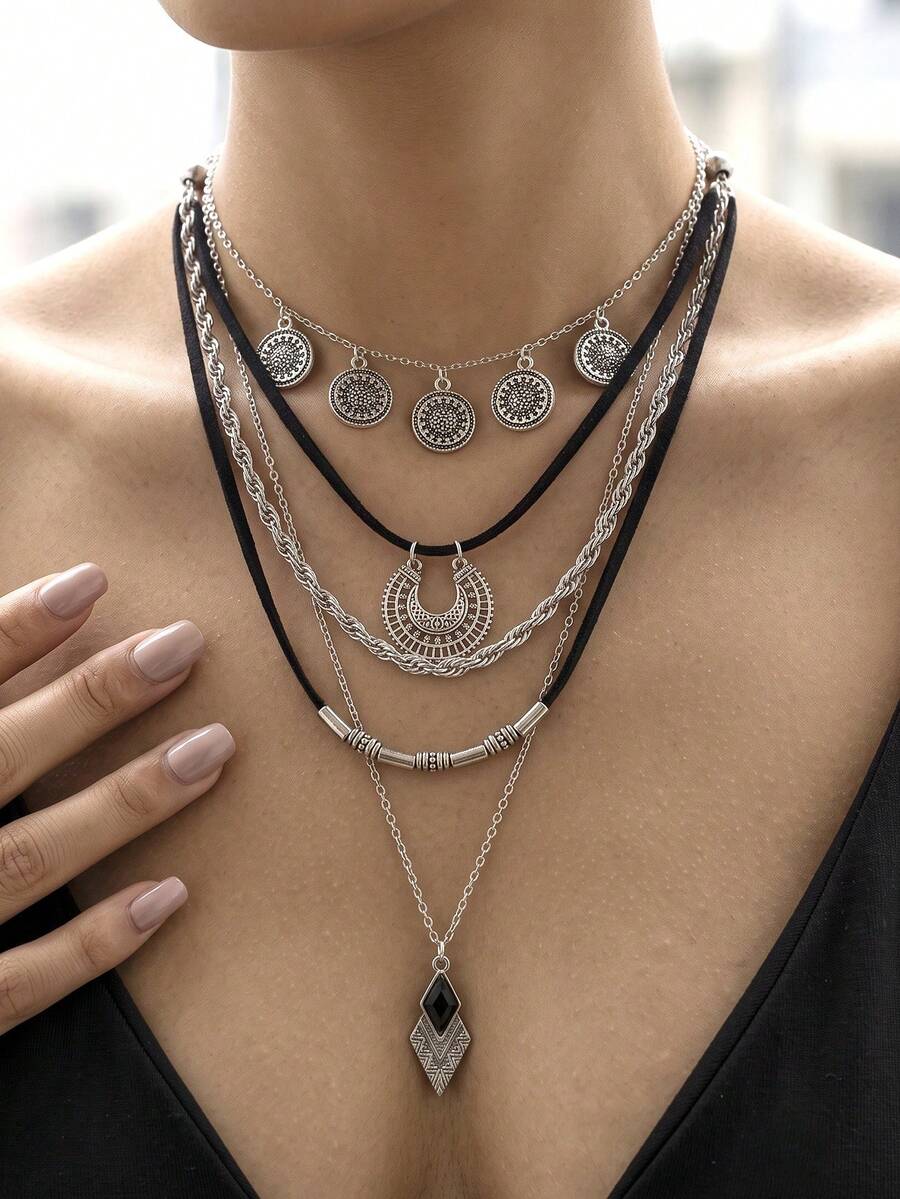 1 Set Women's Multi-Layer Necklace Set, Rust-Proof Layered Accessories, Long Chain & Choker, Gift For Party - Multicolor - View 1
