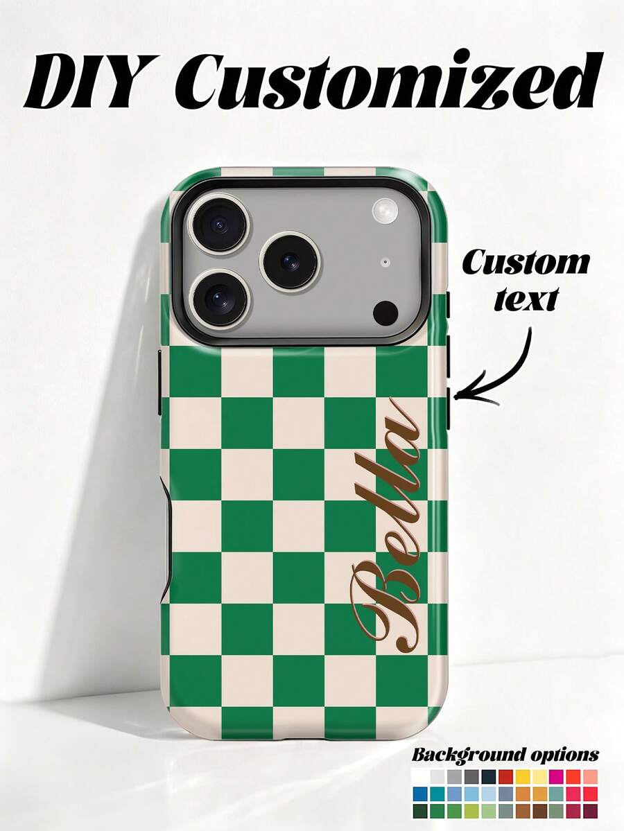1pc Customized Warm Brown, Light Pink, Beige, Olive Green Four-Color Mixed Plaid Pattern Design, Personalized Signature Phone Case, Suitable For 17/16/15/14/13/12/11 Pro Max Air Phones, Back To School Gift, Graduation Gift, Vacation Gift, Valentine's Day Gift, Birthday Gift, Shockproof, Summer Dopamine Color Blocking, Cute Y2K Style - Multicolor - View 1