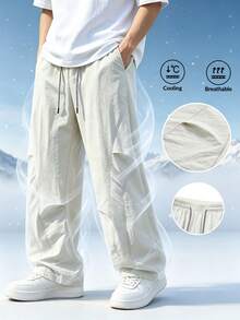 Men's Summer Lightweight Breathable Quick-Dry Wide Leg Pants, Patchwork Design Drawstring Elastic Waist Street Casual Straight Leg Long Pants - Black - View 4