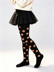 Halloween Pumpkin Print Cartoon Pattern Kids Tights, Cosplay Witch Accessory - Black - View 4