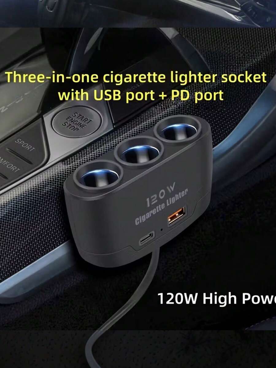 120W 3路車用點菸器分接器，USB與PD快充接口，輕量ABS塑料外殼，總輸出有限，無點菸功能，12V/24V多口車用電源適配器，適用於低功耗電子設備