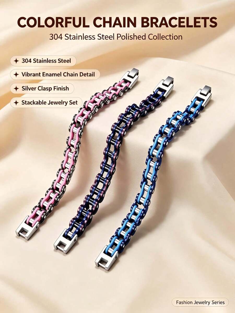 1 pieza Brazalete de cadena de motocicleta de acero de titanio ancho vintage, brazalete de metal minimalista, unisex, multicolor, adecuado para uso diario, fiesta y regalo de vacaciones, accesorio de otoño, accesorio de Halloween - Pulsera exquisita y elegante - Ver 1