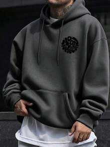 男士秋冬休閒時尚百搭日常通勤字母印花袋鼠口袋抽繩連帽衛衣 - 深灰色 - 查看 2