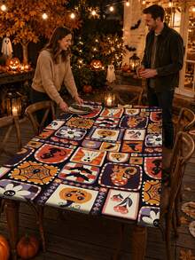 1pc Halloween Elastic Rectangular Tablecloth, Full Moon Haunted House Pumpkin Ghost Print, Outdoor Yard Party, Halloween Popular Decoration, Holiday Banquet Table Protector - C - View 8