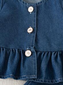 Autumn/Winter French Sweet Lace Denim Set & Baby Girl Doll-Style Denim Cardigan & Lace Patchwork Lantern Denim Pants & Versatile Casual 2-Piece Set - Blue - View 4