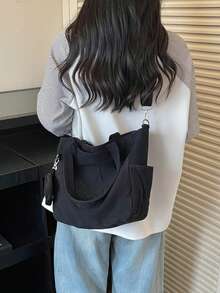 Tote Bag With 3D Star Embossed Design And Detachable Round Small Pouch, Long And Short Dual Shoulder Straps, Hand-Carry And Crossbody 2-In-1, Loose Soft Slouchy Fit, Fits Books, Water Bottles And Other Personal Items, Suitable For Work, School, Commuting, Shopping, Strolling And Short Trips - Black - View 7