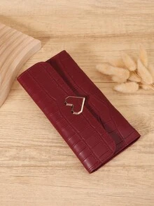 Fashionable Women's Stone Patterned Multifunctional Long Wallet, Metal Heart Decoration Three Fold Buckle Wallet, Very Suitable For Outdoor And Travel - Redwood - View 4