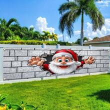 1pc Merry Christmas Santa Peeking From Wall Pattern Polyester Decorative Fence Banner, Suitable For Outdoor Lawn And Wall Decoration, Perfect For Holiday Celebrations - Christmas Wall Breakout - View 12