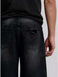 1 buah Celana Jeans Denim Gaya Jalanan Hong Kong Pria, Celana Panjang Longgar dengan Efek Lusuh dan Cuci Sederhana, Celana Panjang Kasual Serbaguna untuk Semua Musim | Sabuk & Aksesoris Tidak Termasuk - Hitam - View 7