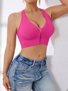 Women's High Intensity Front Zip Seamless Wireless Sports Bra, Suitable For Spring, Summer, Autumn And Winter - Hot Pink - View 7