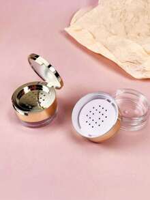 1pc Gold Round Portable Travel Mirror Powder Puff Makeup Refill Case - Multicolor - View 2