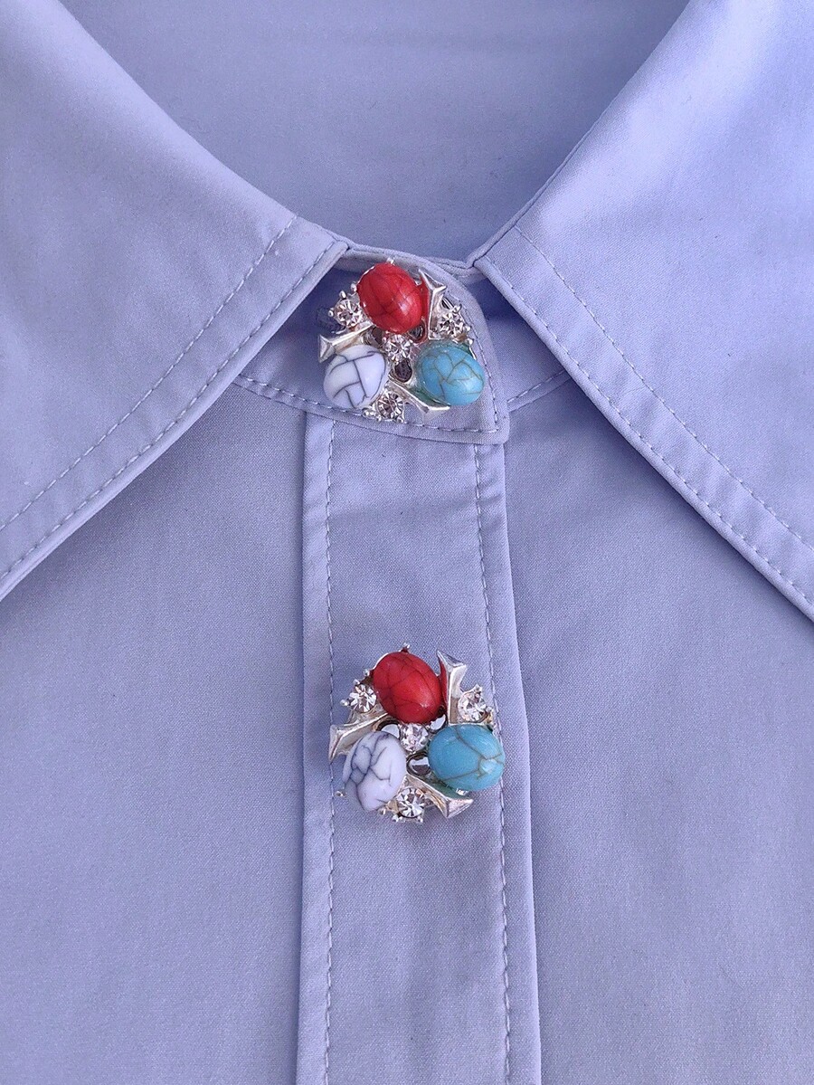 1pc / 2pcs Elegant Multicolor Turquoise Flower Design Button Covers, No-Sew Shirt Button Covers, Decorative Buttons, Fashion Crystal Cufflinks - Multicolor - View 1