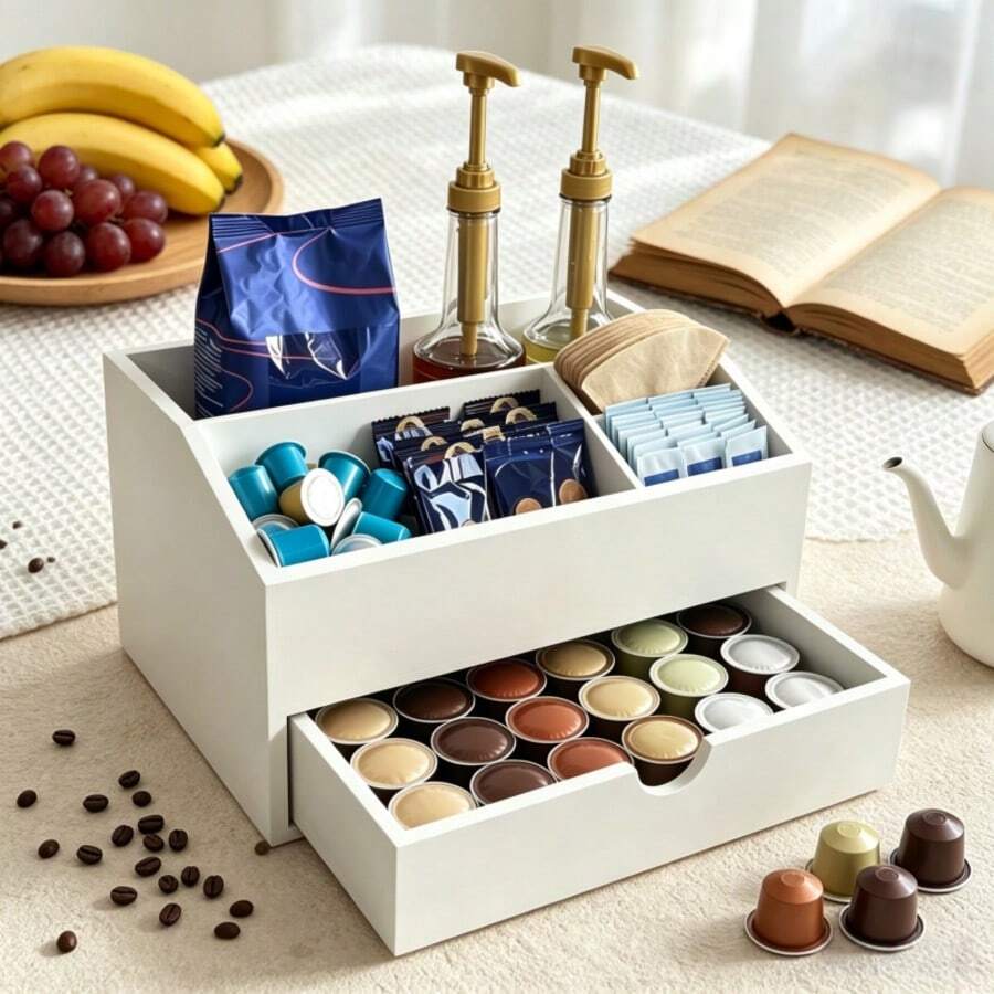 IDUK 1PC Wooden Coffee Capsule Storage Drawer, Suitable For Home Kitchen, Cafe Bar Display - White - View 1