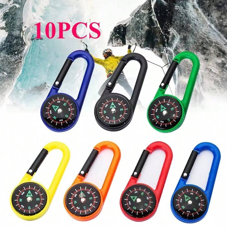 5/10pcs Outdoor Compass Carabiner Mini Camping Keychain, Hiking Backpack Clip With Compass And Thermometer, 3-In-1 Mini Compass Carabiner Outdoor Hiking Survival Keychain
