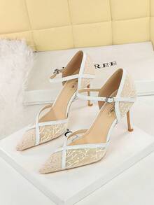 European And American Style Sexy Party High Heel Women's Shoes With Single Strap Pointed Toe Stiletto Heel Premium Lace Mesh Pumps - White - View 4